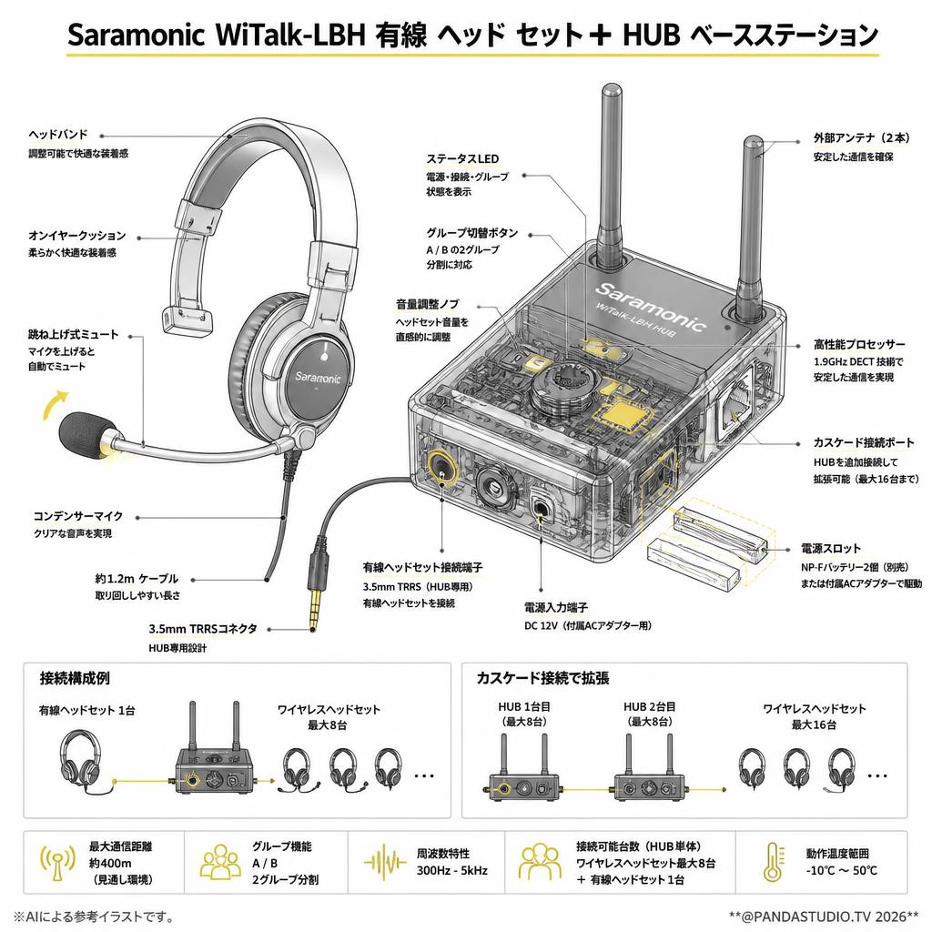 Saramonic WiTalk-LBH 有線 ヘッド セット✚ HUB ベースステーション スペック