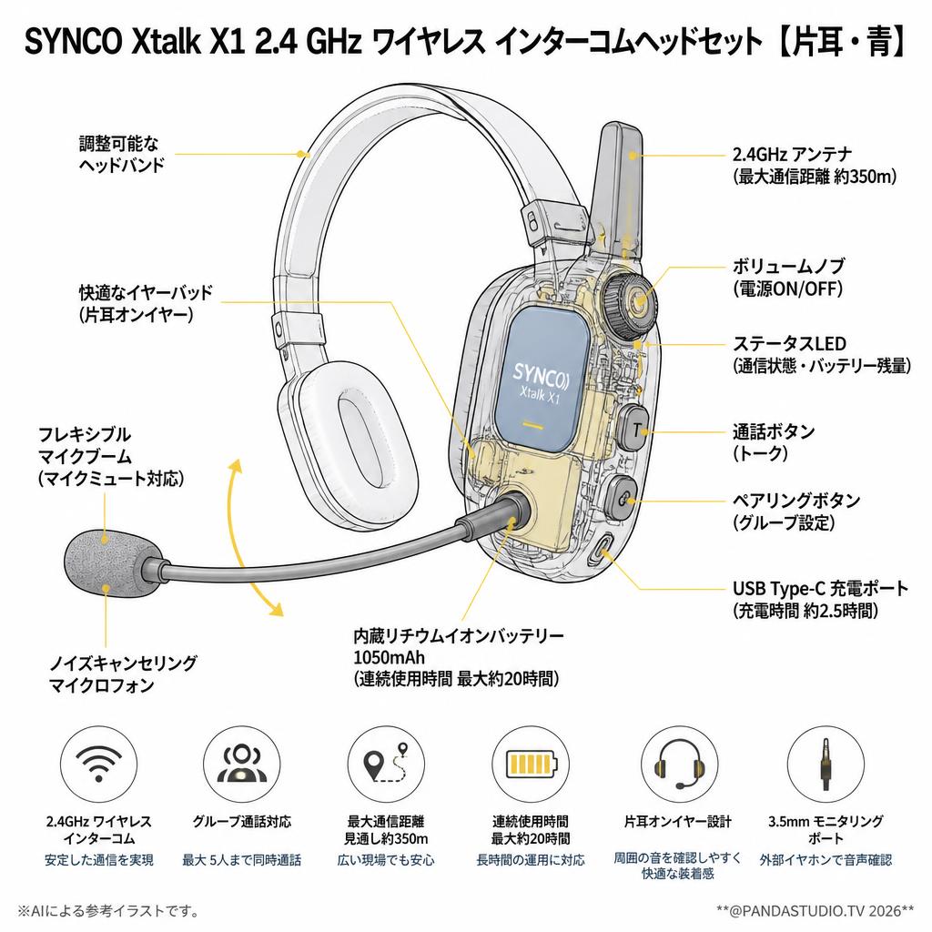 SYNCO Xtalk X1 2.4 GHz ワイヤレス インターコムヘッドセット 【片耳・青】 スペック