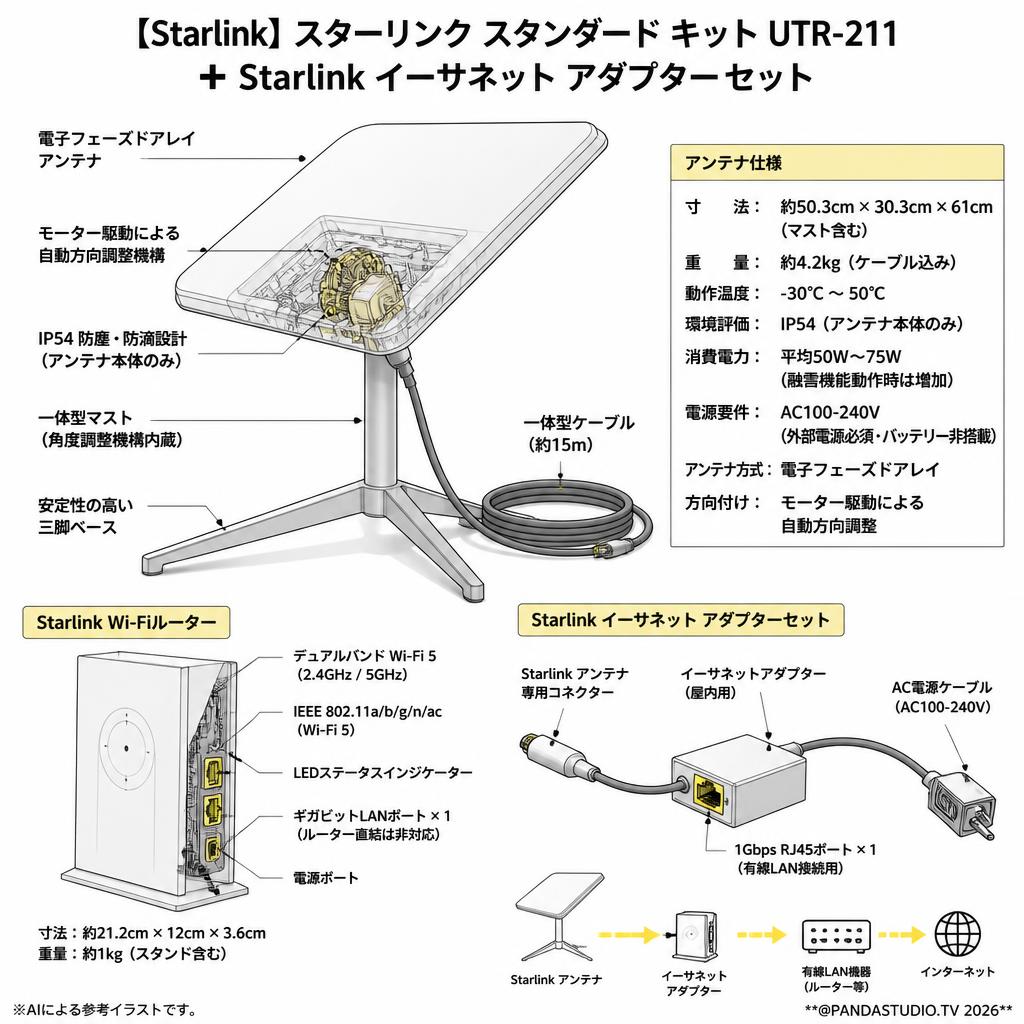 【Starlink】スターリンク スタンダード キット UTR-211 ✚ Starlink イーサネット アダプターセット スペック