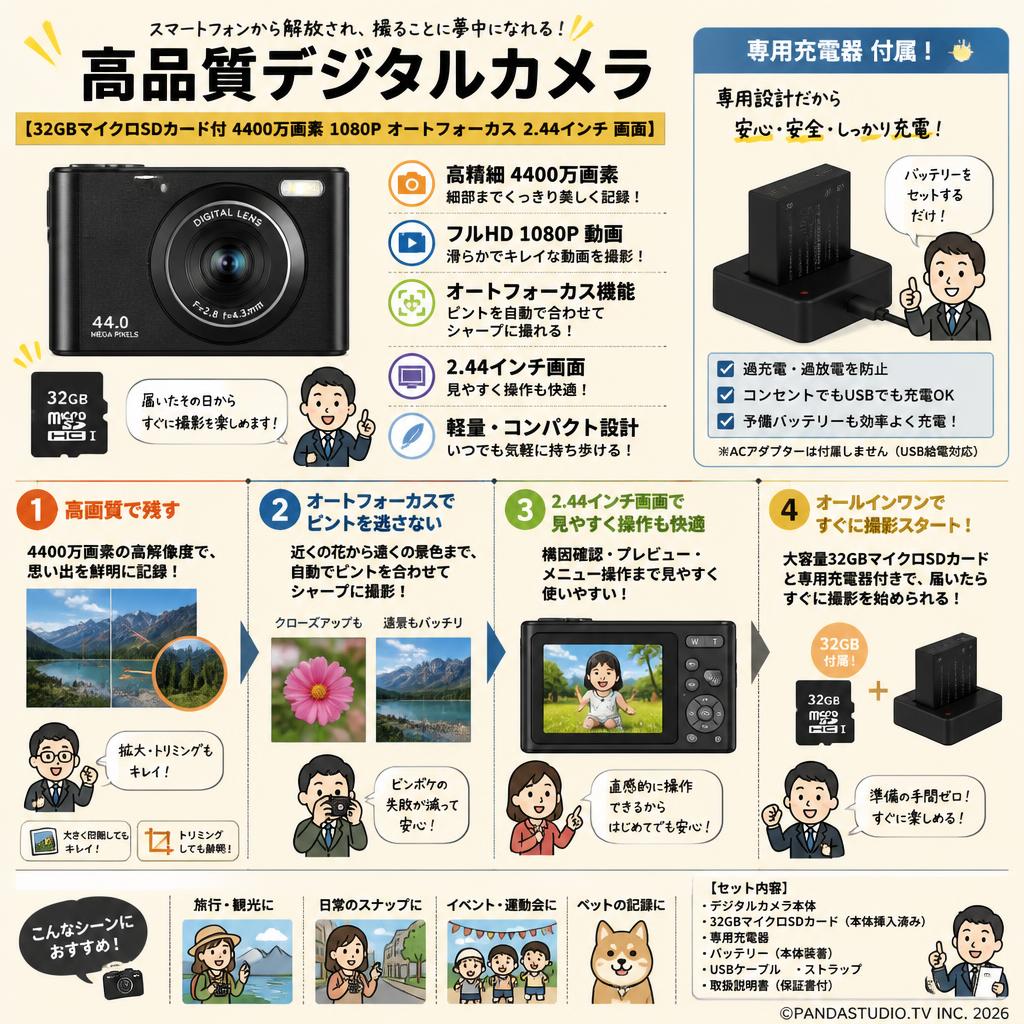 高品質デジタルカメラ【32GBマイクロSDカード付 4400万画素 1080P オートフォーカス 2.44インチ 画面】専用充電器 概要