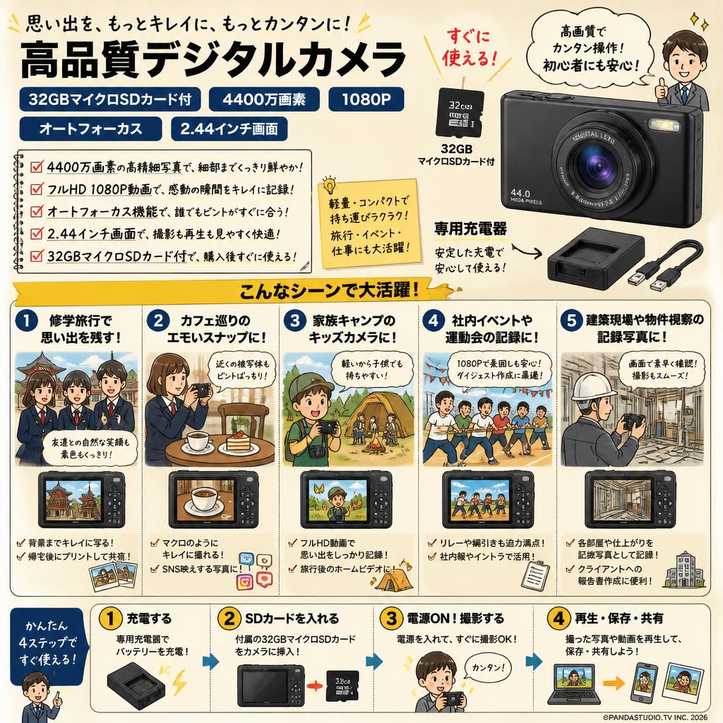 高品質デジタルカメラ【32GBマイクロSDカード付 4400万画素 1080P オートフォーカス 2.44インチ 画面】専用充電器 用途