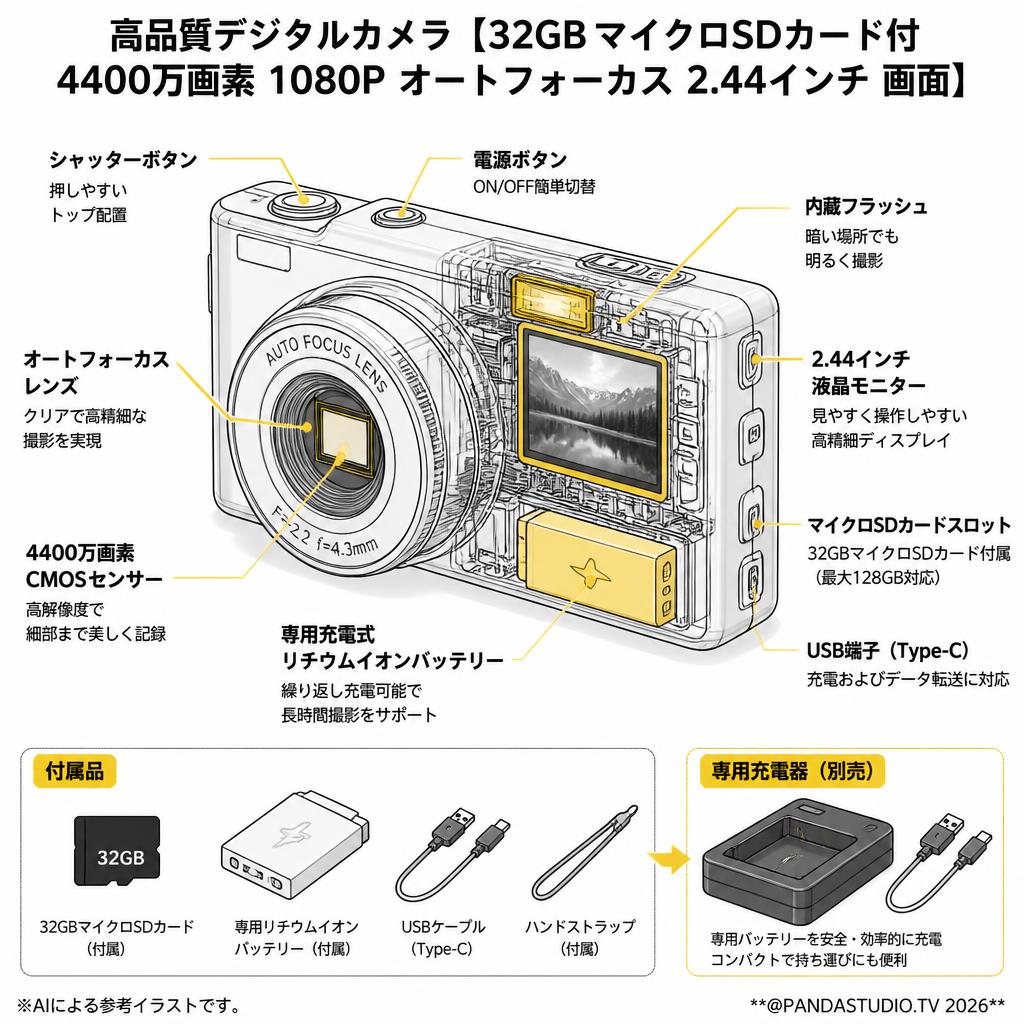 高品質デジタルカメラ【32GBマイクロSDカード付 4400万画素 1080P オートフォーカス 2.44インチ 画面】専用充電器 スペック
