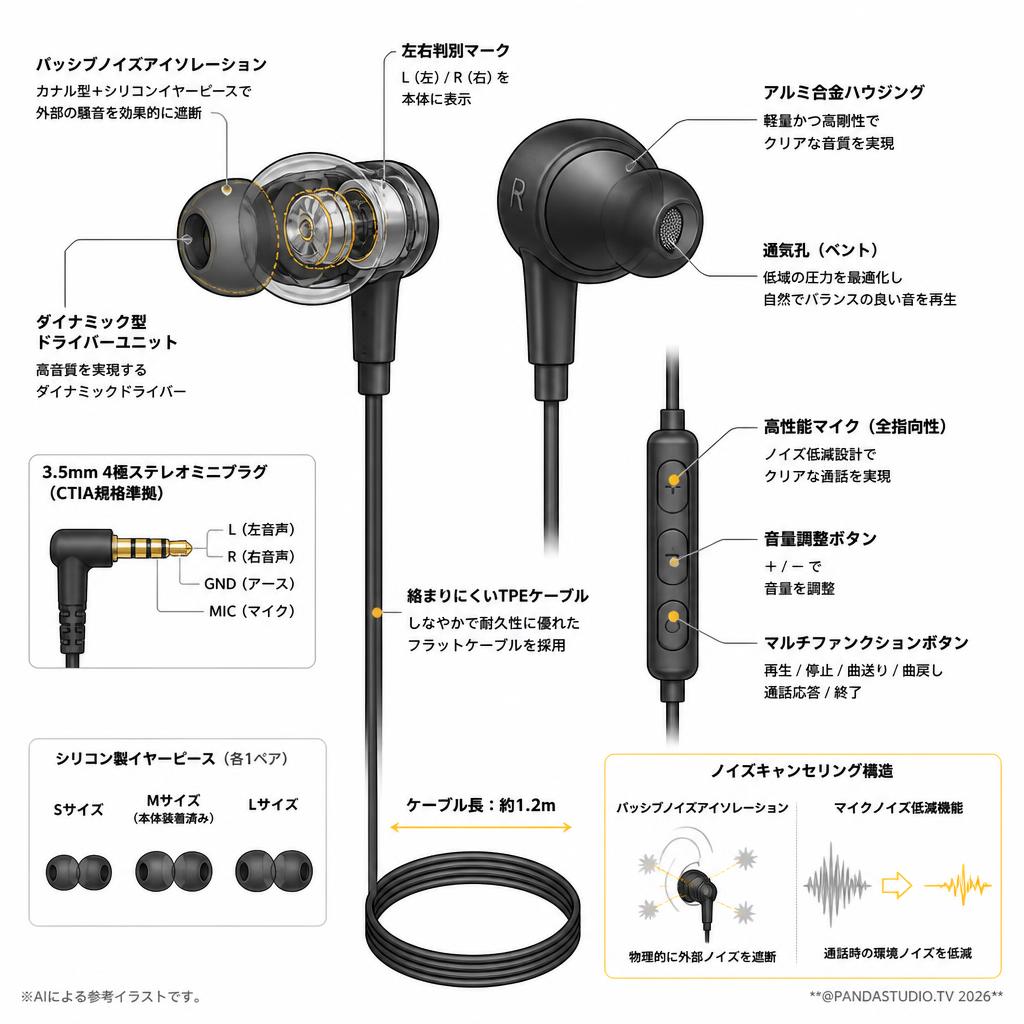 イヤホン 有線 3.5mm マイク付き 音量調整 ノイズキャンセリング