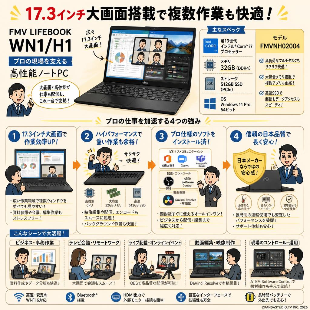 【17.3インチ大画面搭載で複数作業も快適！】FMV LIFEBOOK WN1/H1/Win 11 Pro 64ビット/17.3型/Core i7/32GB/512GBSSD)【 Office365 / 配信用OBS / テレビ会議用Zoom / Microsoft Teams / ATEM Software Control / 無償版 動画編集DaVinci Resolve インストール済】 モデルFMVNH02004 概要
