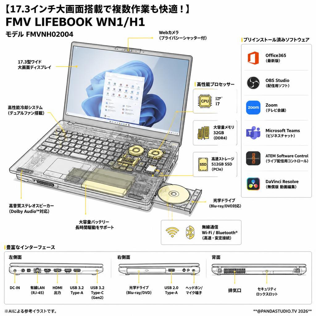 【17.3インチ大画面搭載で複数作業も快適！】FMV LIFEBOOK WN1/H1/Win 11 Pro 64ビット/17.3型/Core i7/32GB/512GBSSD)【 Office365 / 配信用OBS / テレビ会議用Zoom / Microsoft Teams / ATEM Software Control / 無償版 動画編集DaVinci Resolve インストール済】 モデルFMVNH02004 スペック