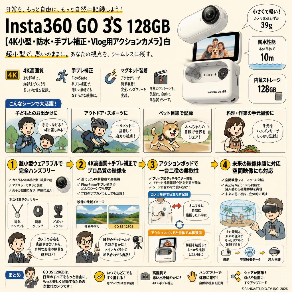 Insta360 GO 3S 128GB 【4K小型・防水・手ブレ補正・Vlog用アクションカメラ】白 概要
