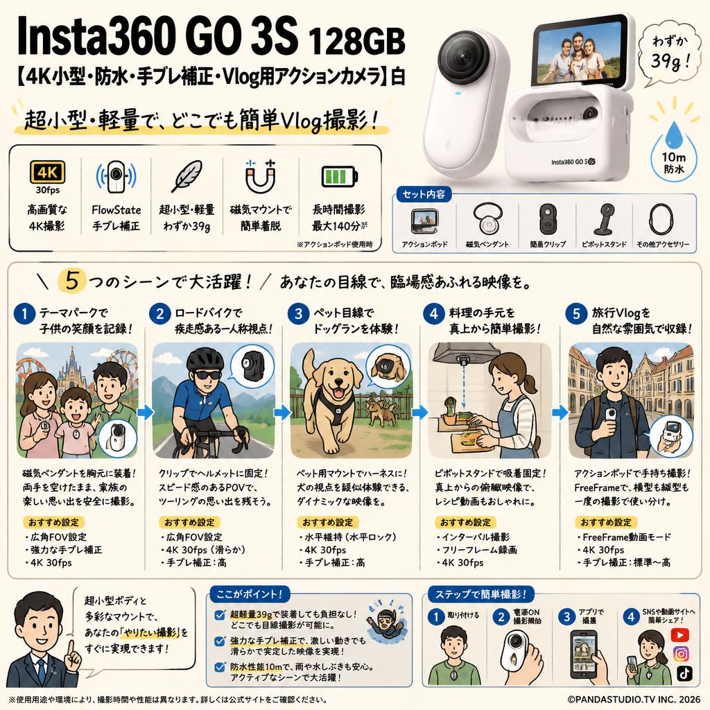 Insta360 GO 3S 128GB 【4K小型・防水・手ブレ補正・Vlog用アクションカメラ】白 用途