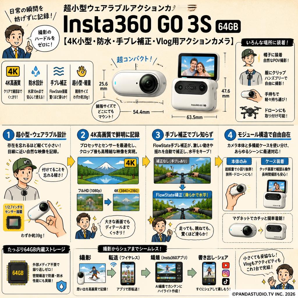Insta360 GO 3S  64GB 【4K小型・防水・手ブレ補正・Vlog用アクションカメラ】 概要