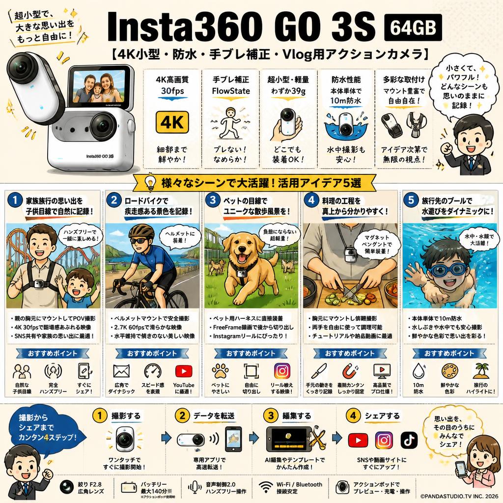 Insta360 GO 3S  64GB 【4K小型・防水・手ブレ補正・Vlog用アクションカメラ】 用途