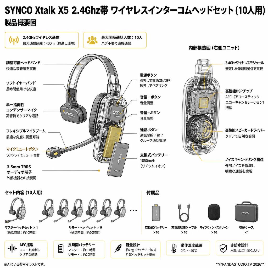 SYNCO Xtalk X5 2.4Ghz帯 ワイヤレスインターコムヘッドセット (10人用