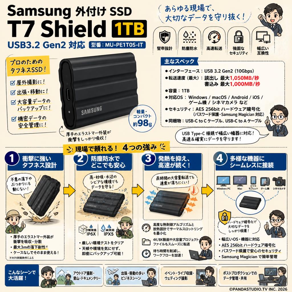 Samsung 外付け SSD T7 Shield 1TB USB3.2 Gen2 対応 MU-PE1T0S-IT 概要
