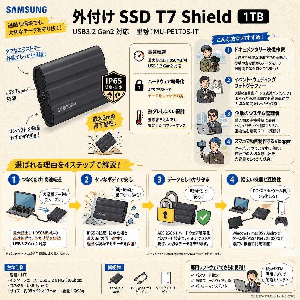 Samsung 外付け SSD T7 Shield 1TB USB3.2 Gen2 対応 MU-PE1T0S-IT おもな対象のお客様