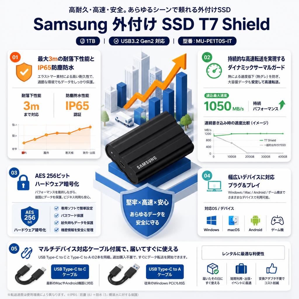Samsung 外付け SSD T7 Shield 1TB USB3.2 Gen2 対応 MU-PE1T0S-IT セールスポイント