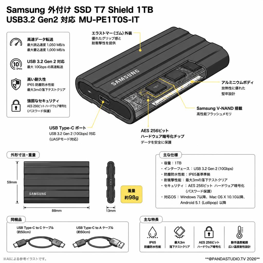 Samsung 外付け SSD T7 Shield 1TB USB3.2 Gen2 対応 MU-PE1T0S-IT スペック