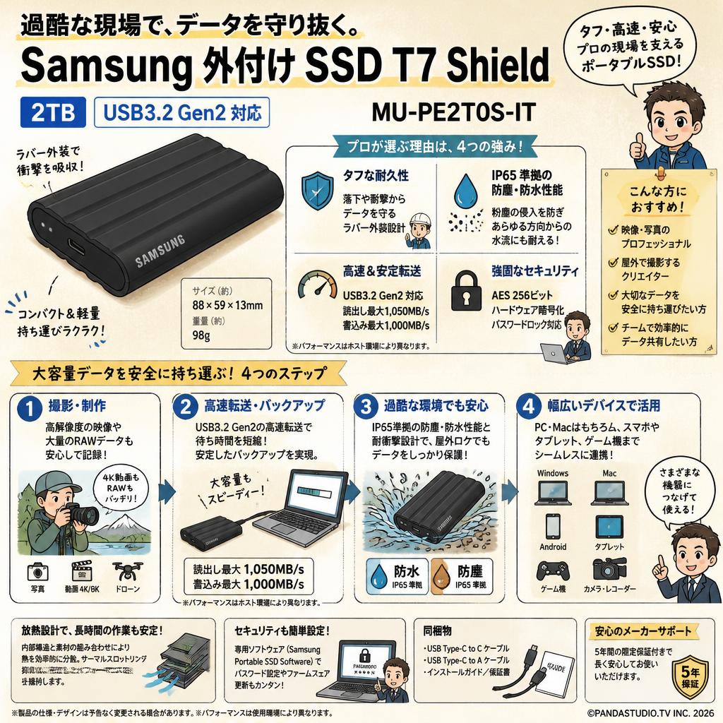 Samsung 外付け SSD T7 Shield 2TB USB3.2 Gen2 対応 MU-PE2T0S-IT 概要