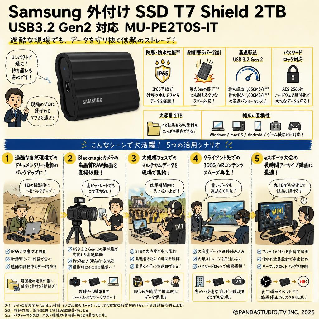 Samsung 外付け SSD T7 Shield 2TB USB3.2 Gen2 対応 MU-PE2T0S-IT 用途