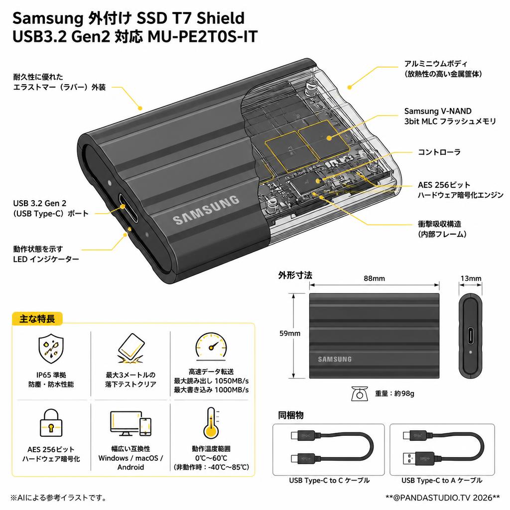 Samsung 外付け SSD T7 Shield 2TB USB3.2 Gen2 対応 MU-PE2T0S-IT スペック