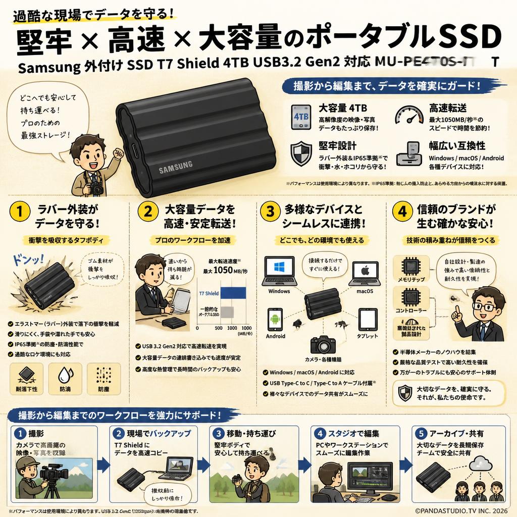 Samsung 外付け SSD T7 Shield 4TB USB3.2 Gen2 対応 MU-PE4T0S-IT