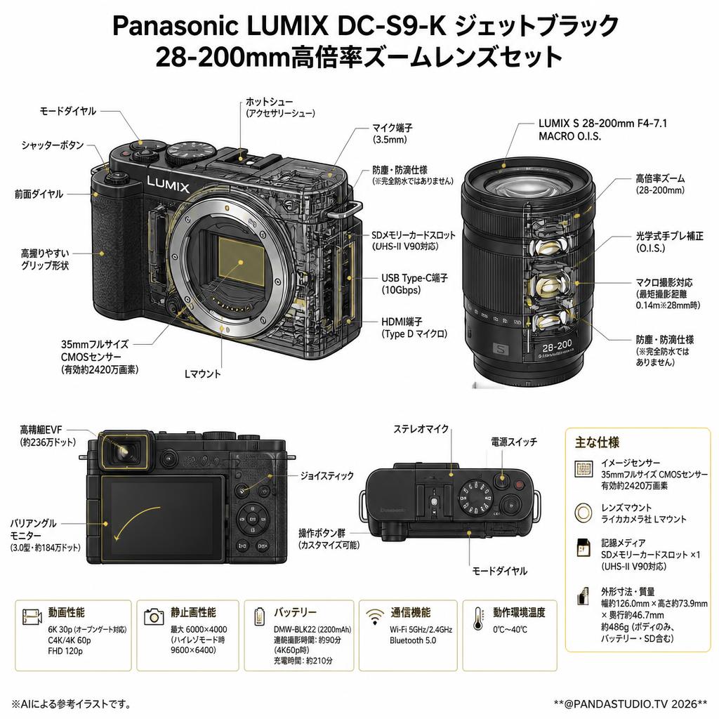 Panasonic LUMIX DC-S9-K ジェットブラック 28-200mm高倍率ズームレンズセット スペック