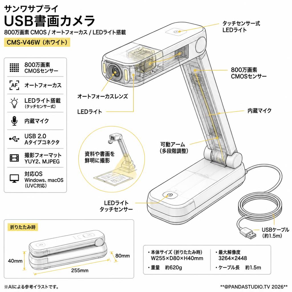 サンワサプライ USB書画カメラ 800万画素 CMOS オートフォーカス LEDライト搭載 ホワイト CMS-V46W スペック