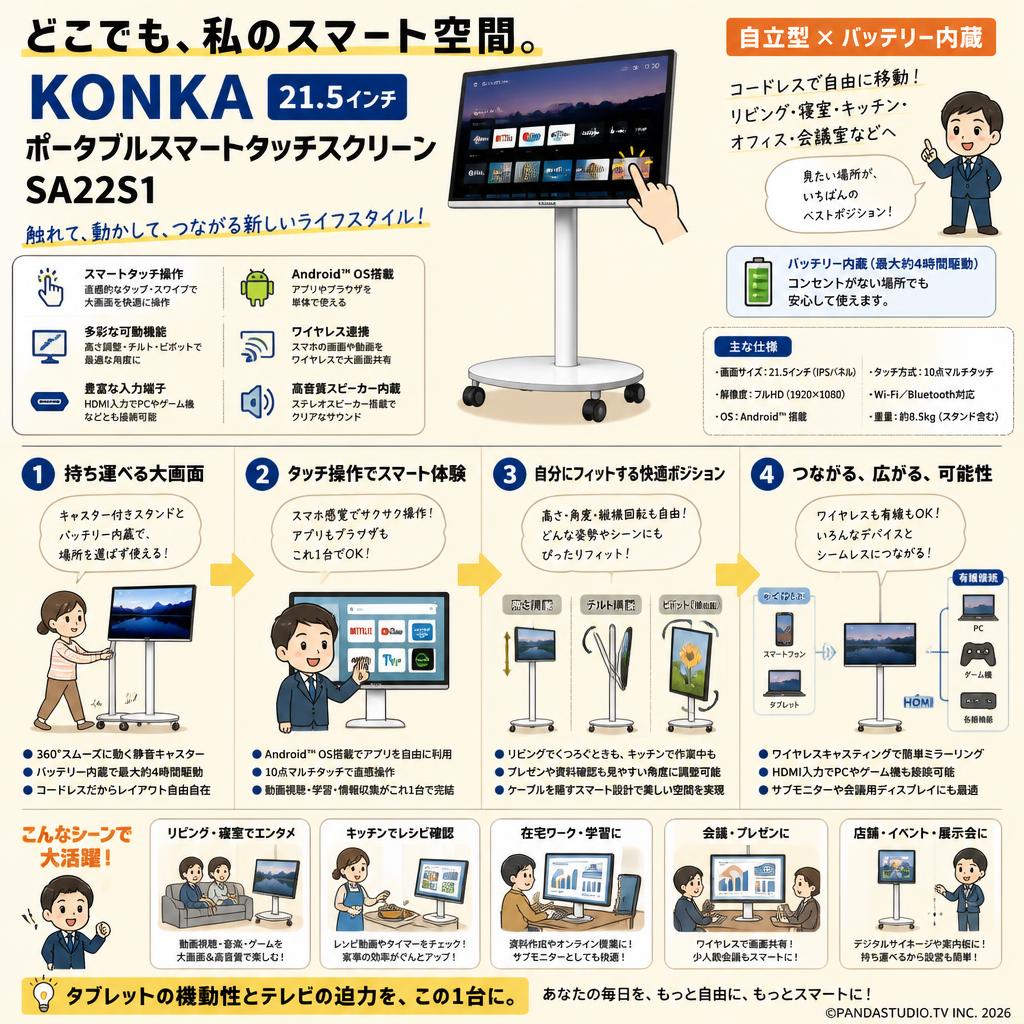 KONKA モニター 21.5 インチ ポータブルスマートタッチスクリーン SA22S1 概要