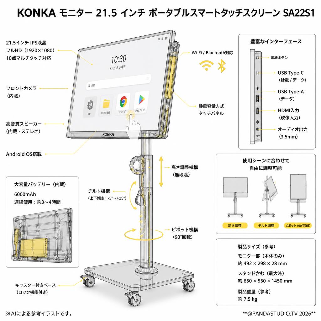 KONKA モニター 21.5 インチ ポータブルスマートタッチスクリーン SA22S1 スペック