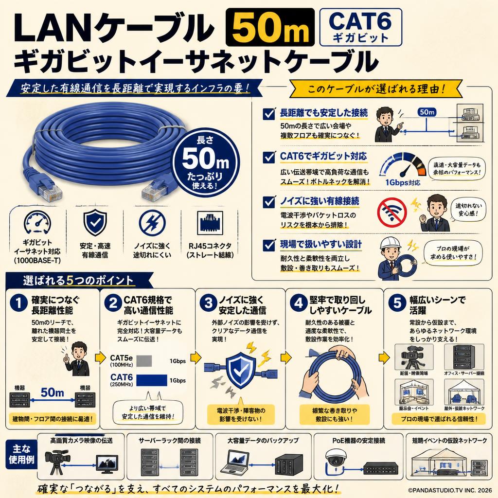 LANケーブル 50m CAT6 ギガビットイーサネットケーブル 概要