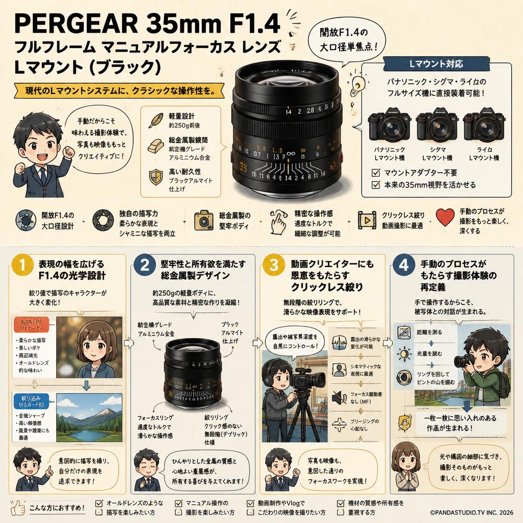 PERGEAR 35mm F1.4フルフレーム マニュアルフォーカス レンズ Lマウント (ブラック) 概要