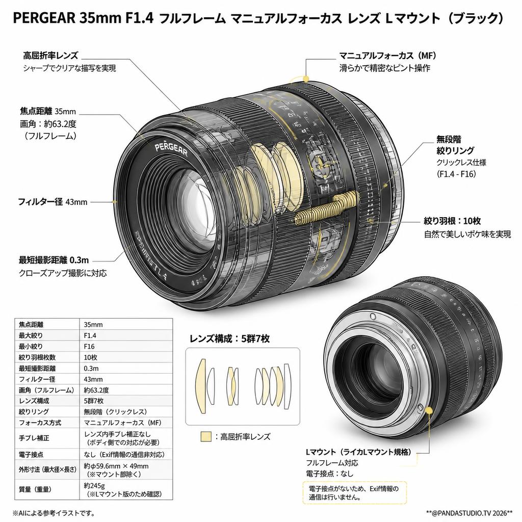 PERGEAR 35mm F1.4フルフレーム マニュアルフォーカス レンズ Lマウント (ブラック) スペック