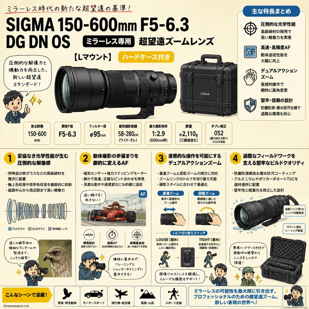 SIGMA 150-600mm F5-6.3 DG DN OS  ミラーレス専用 超望遠ズーム レンズ【( Lマウント】ハードケース付き 概要