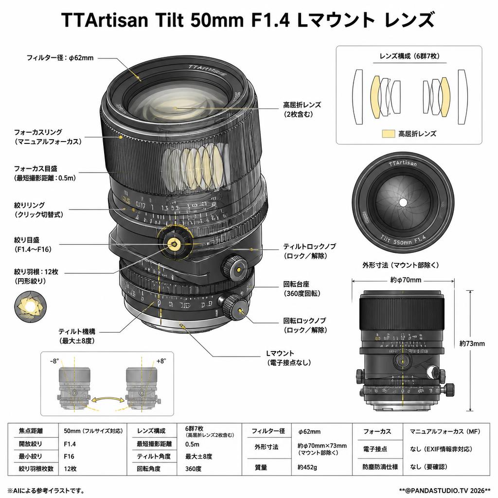 TTArtisan Tilt 50mm F1.4 Lマウント レンズ スペック