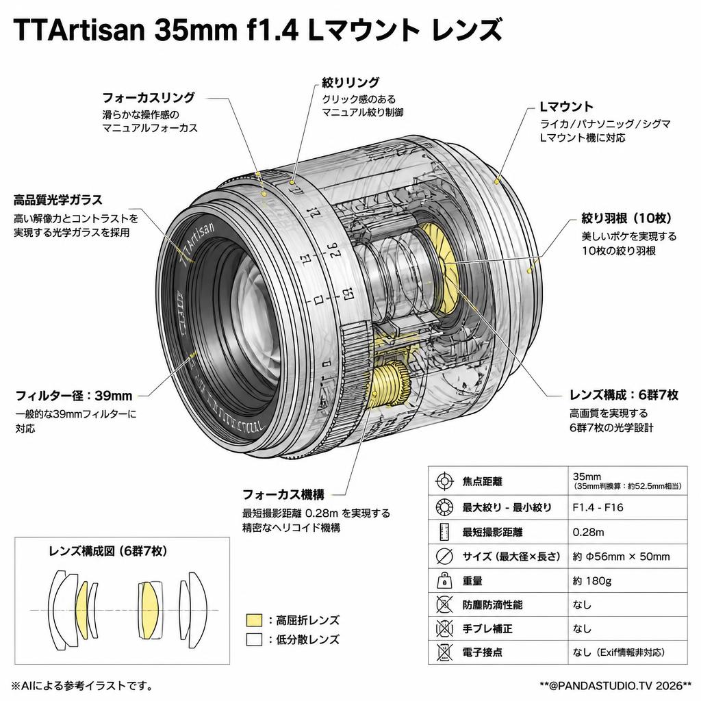 TTArtisan 35mm f1.4 Lマウント レンズ スペック