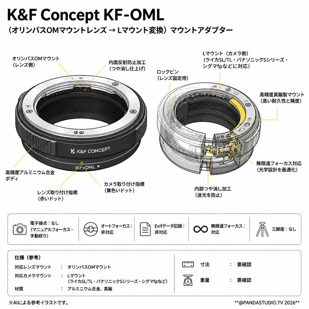 K&F Concept KF-OML （オリンパスOMマウントレンズ → Lマウント変換）マウントアダプター スペック