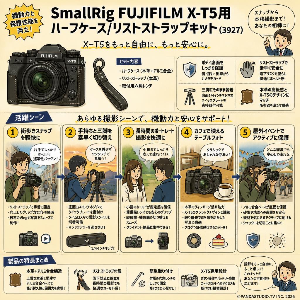 SmallRig FUJIFILM X-T5用ハーフケース/リストストラップキット (3927) 用途