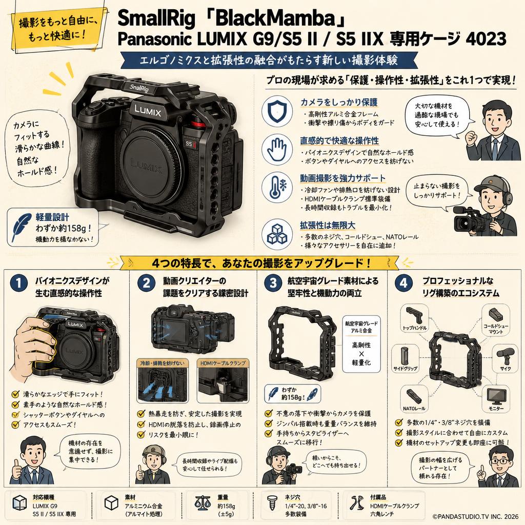 SmallRig 「Black Mamba」Panasonic LUMIX G9/S5 II / S5 IIX専用ケージ 4023 概要