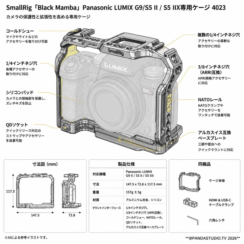 SmallRig 「Black Mamba」Panasonic LUMIX G9/S5 II / S5 IIX専用ケージ 4023 スペック