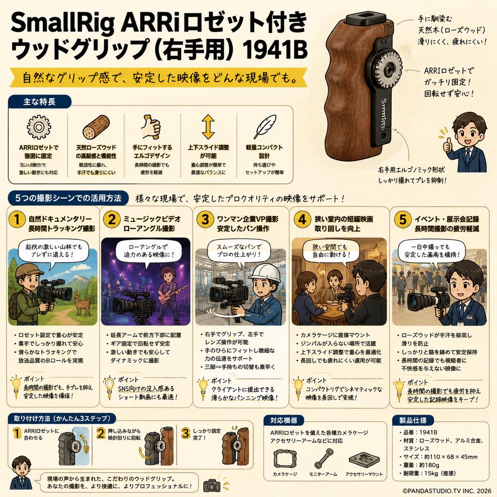 SmallRig ARRIロゼット付きウッドグリップ（右手用）1941B 用途