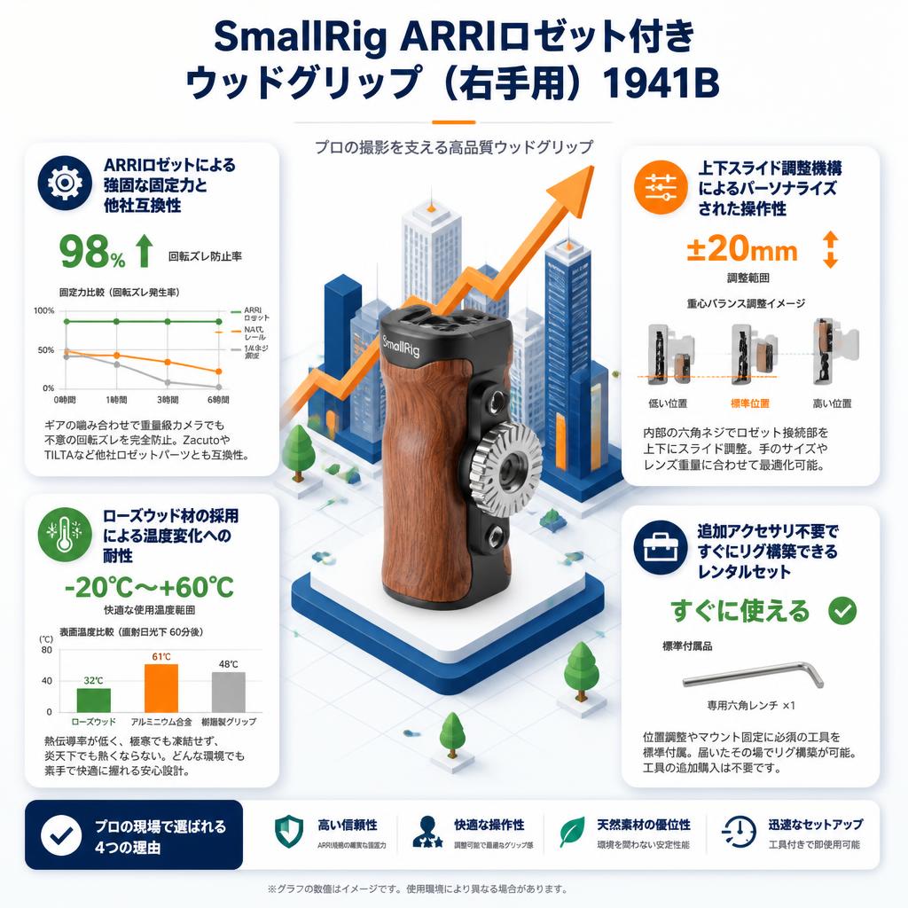 SmallRig ARRIロゼット付きウッドグリップ（右手用）1941B セールスポイント
