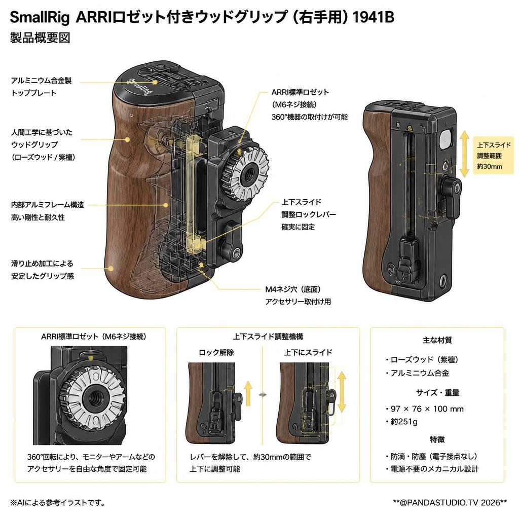 SmallRig ARRIロゼット付きウッドグリップ（右手用）1941B スペック