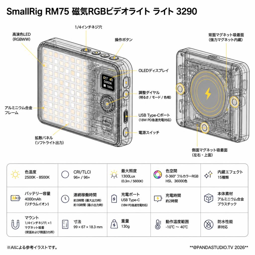 SmallRig RM75 磁気RGBビデオライト ライト 3290 スペック