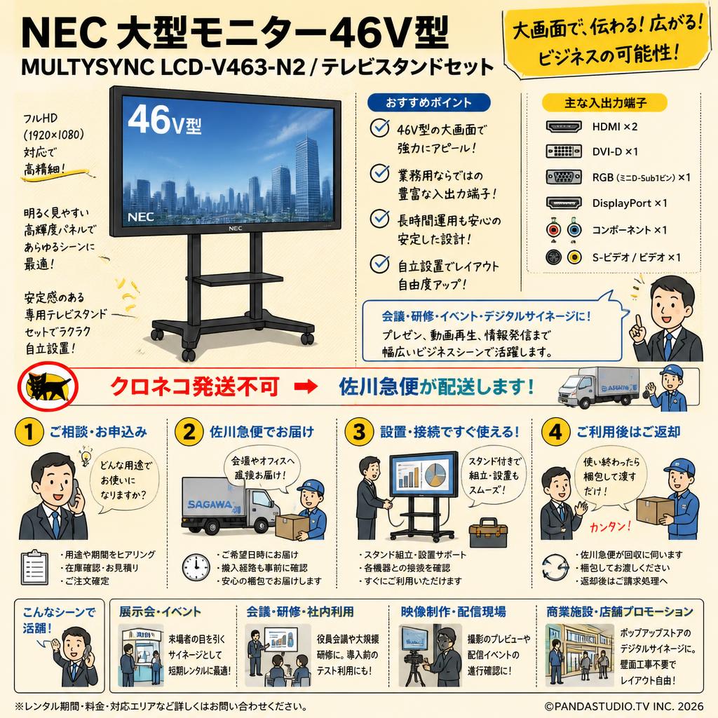 NEC 大型モニター46V型 multysync LCD-V463-N2/テレビスタンドセット【クロネコ発送不可/佐川急便配送】 おもな対象のお客様