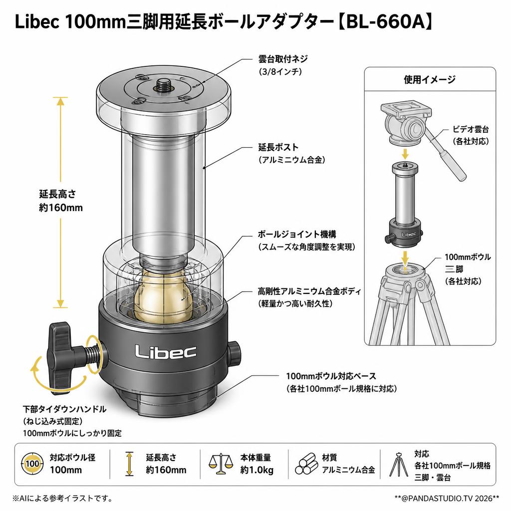 Libec 100mm三脚用延長ボールアダプター【BL-660A 】 スペック