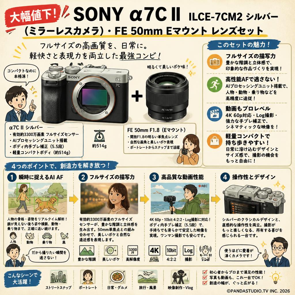 【大幅値下】SONY α7C II ILCE-7CM2  シルバー(ミラーレスカメラ)・FE 50mm Eマウント レンズセット 概要