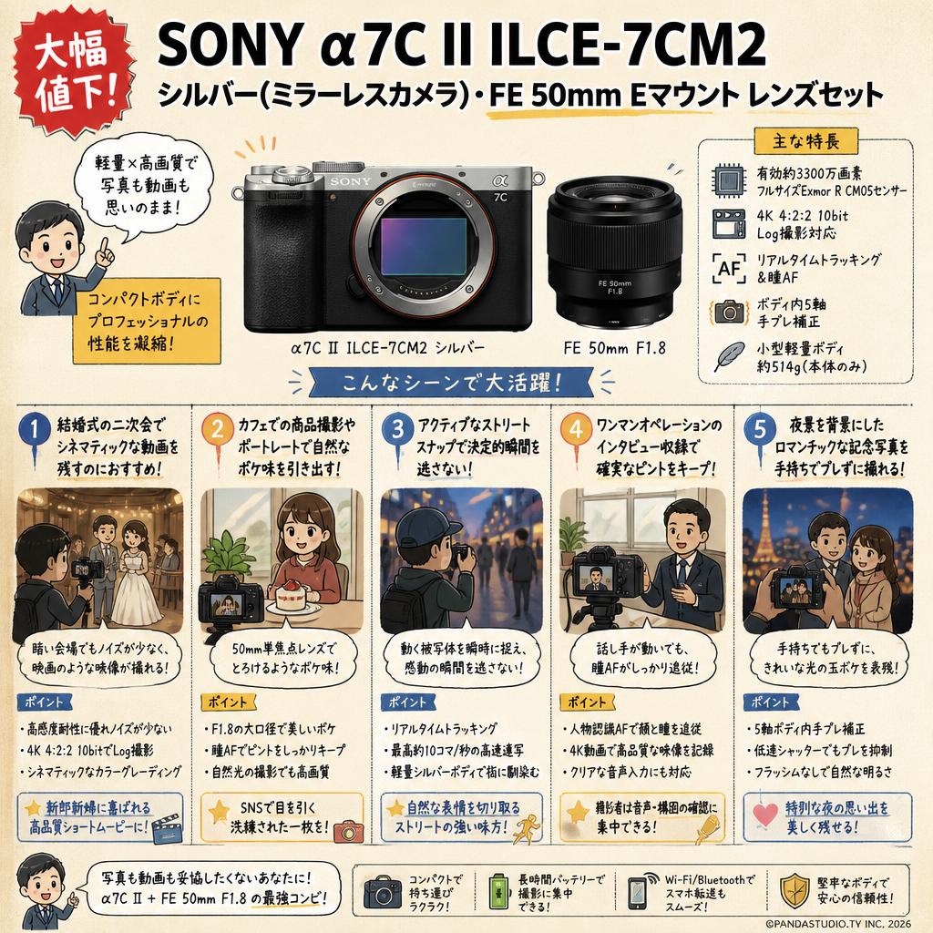 【大幅値下】SONY α7C II ILCE-7CM2  シルバー(ミラーレスカメラ)・FE 50mm Eマウント レンズセット 用途