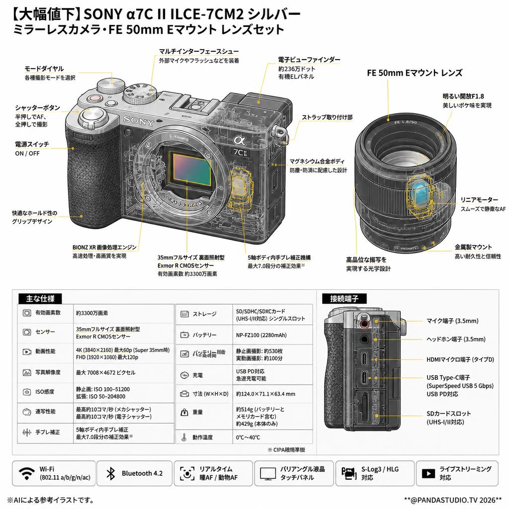 【大幅値下】SONY α7C II ILCE-7CM2  シルバー(ミラーレスカメラ)・FE 50mm Eマウント レンズセット スペック