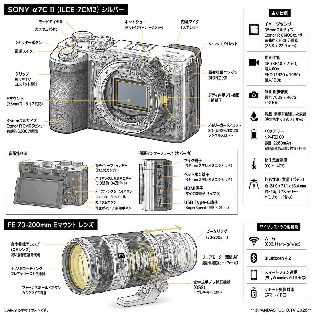 【大幅値下】SONY α7C II ILCE-7CM2  シルバー(ミラーレスカメラ)・FE 70-200mm Eマウント レンズセット スペック