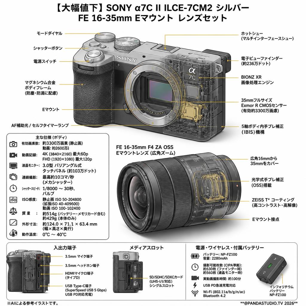 【大幅値下】SONY α7C II ILCE-7CM2  シルバー(ミラーレスカメラ)・FE 16-35mm Eマウント レンズセット スペック