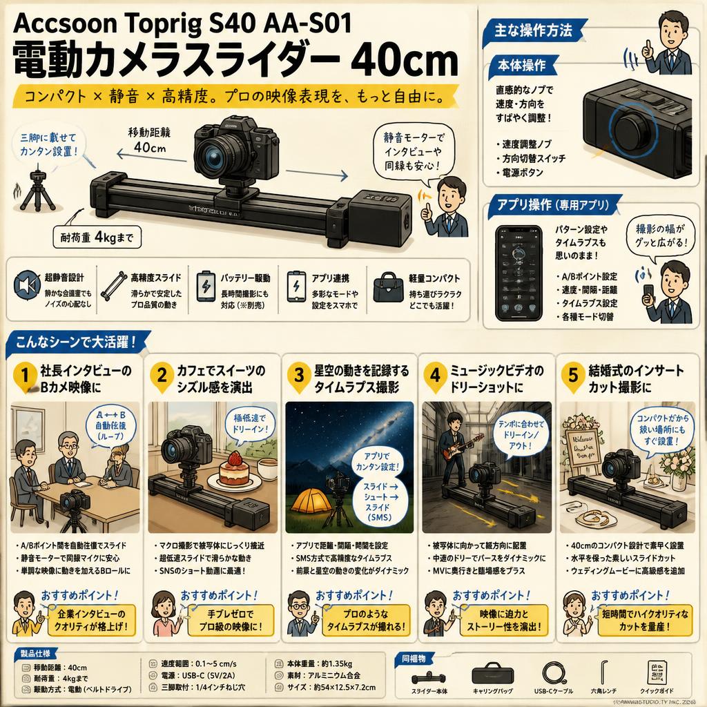 Accsoon Toprig S40 AA-S01 電動カメラスライダー 40cm 用途
