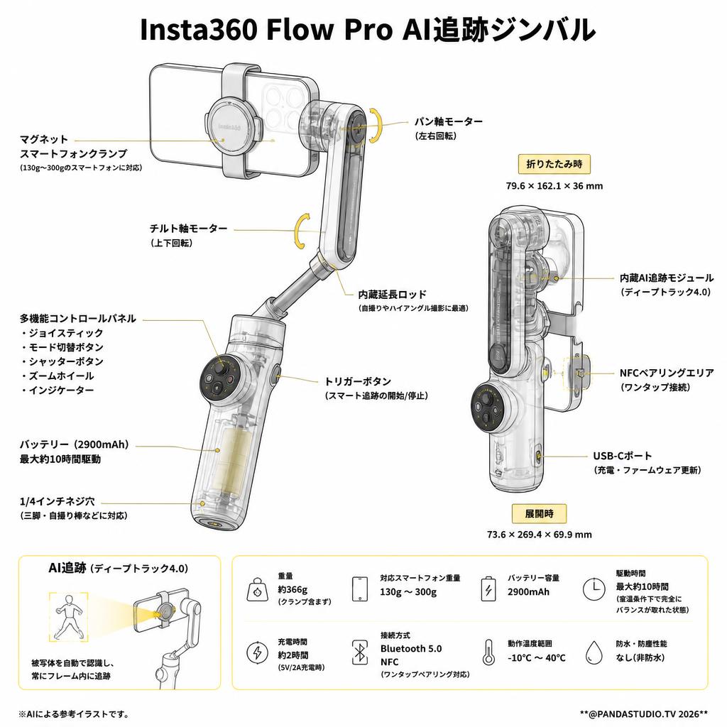 Insta360 Flow Pro AI追跡ジンバル スペック
