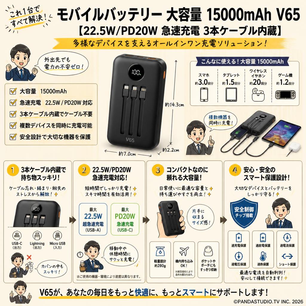 モバイルバッテリー 大容量 15000mAh V65【22.5W/PD20W 急速充電 3本ケーブル内蔵】 概要